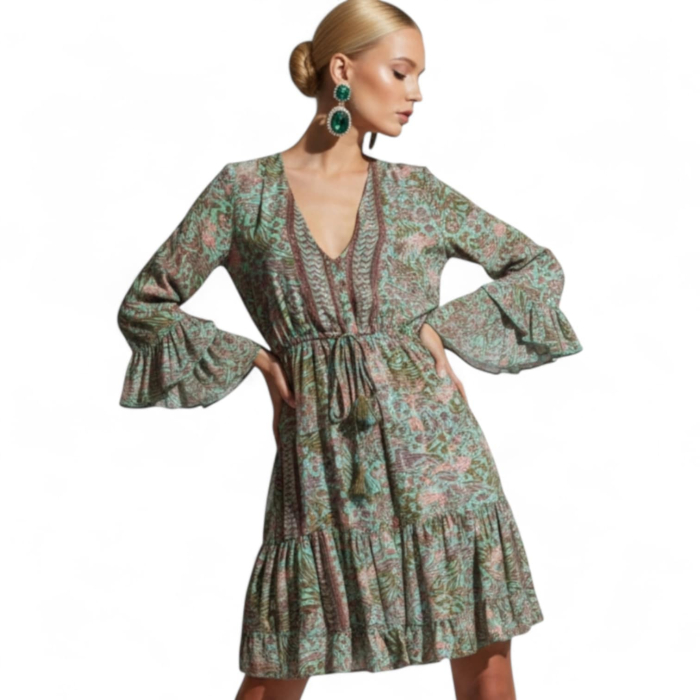 Rochie din Matase Indiana cu Decolteu Adanc si Elastic  in Talie [3]