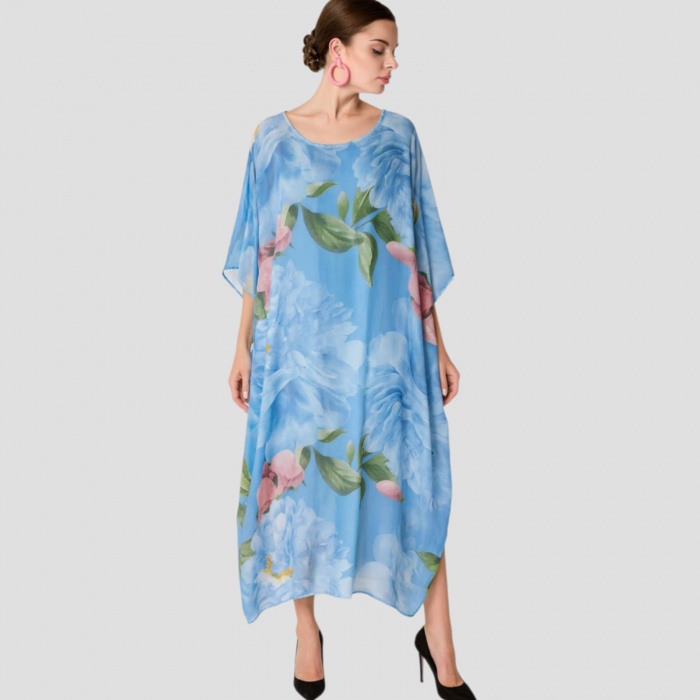 Rochie din Matase si Vascoza tip Poncho cu Imprimeu Floral [3]