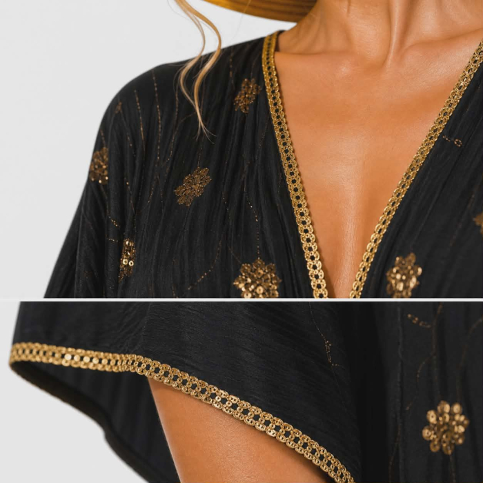 Rochie din vascoza maxi neagra cu paiete aurii pe partea din fata [4]