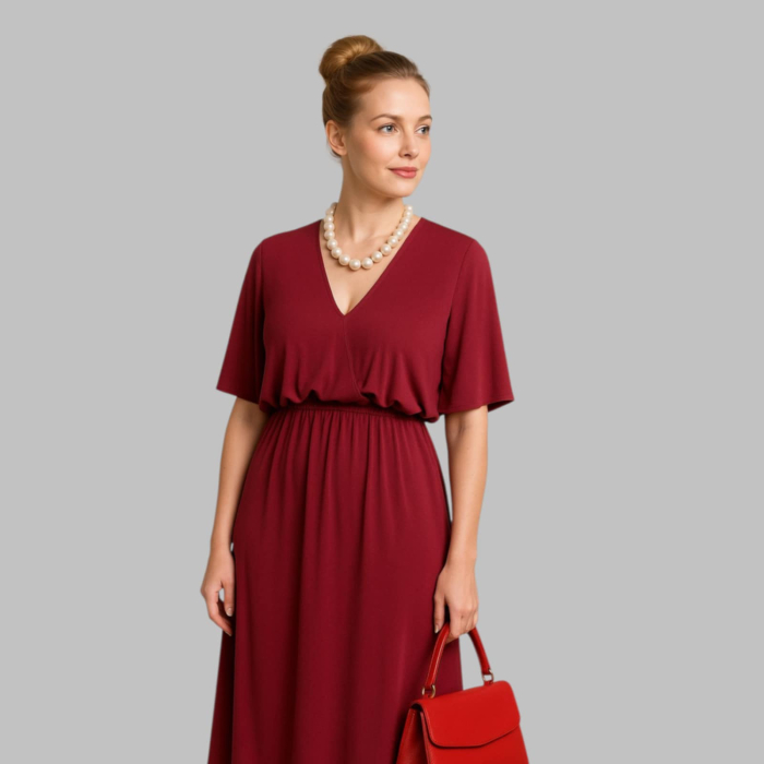 Rochie din Vascoza Visinie cu Banda Elastica in Talie [3]