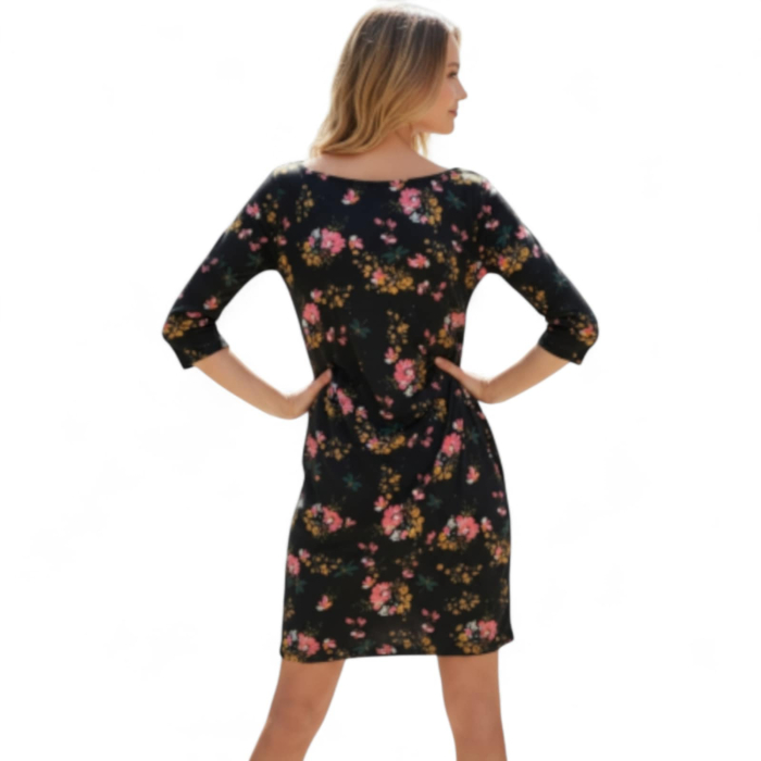 Rochie fond negru cu imprimeu floral si usor stransa in partea stanga [3]