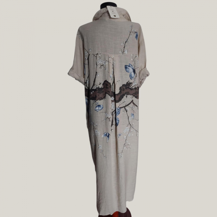 Rochie Lunga Asimetrica din In Tip Camasa cu Imprimeu Floral [6]