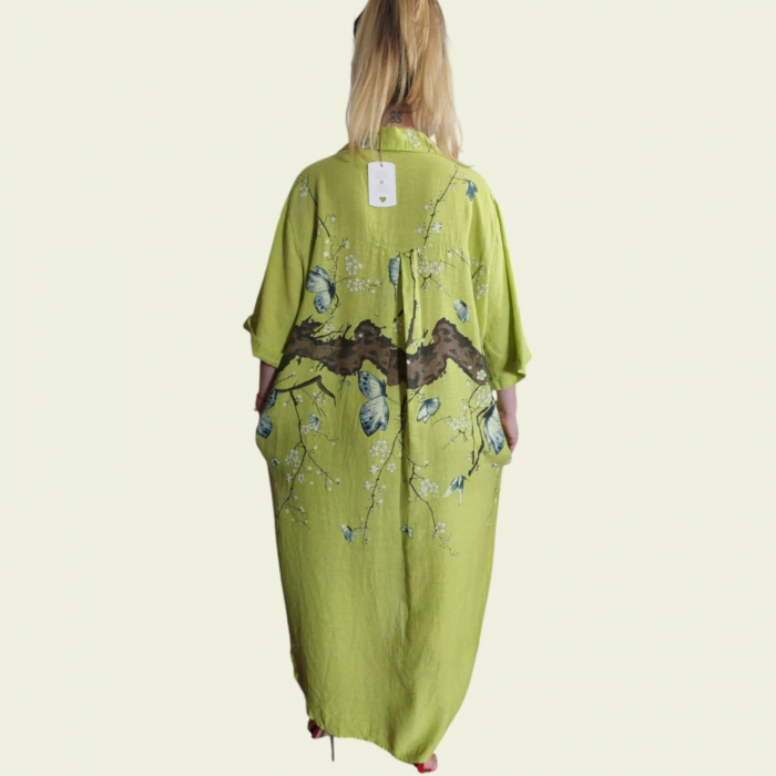 Rochie Lunga Asimetrica din In Tip Camasa cu Imprimeu Floral [4]