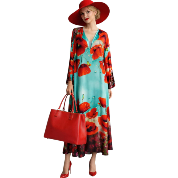 Rochie Lunga Asimetrica din Matase si Vascoza cu Imprimeu Maci Supradimensionat [3]