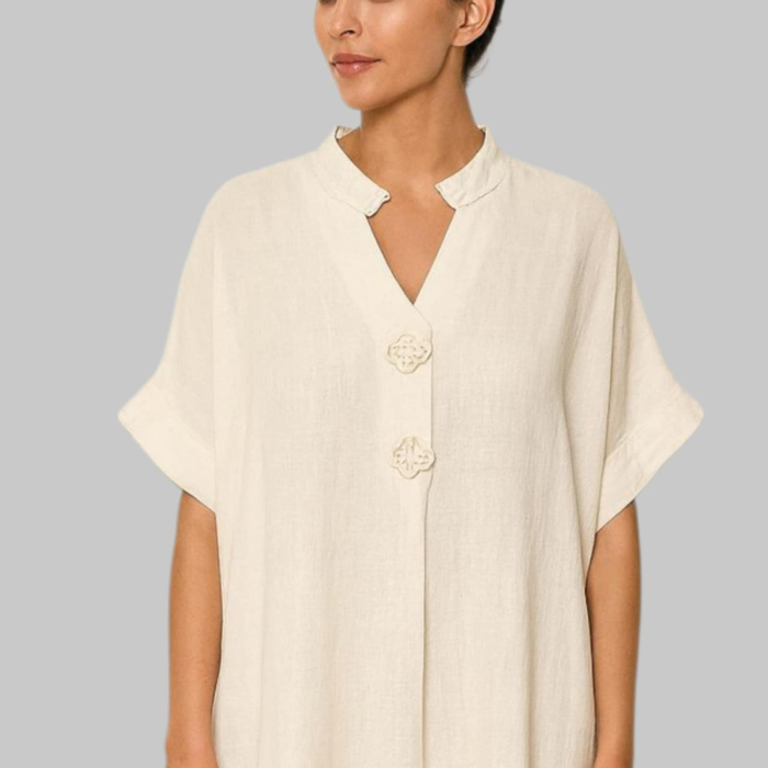 Rochie lunga din in tip tunica cu aplicatii macrame la decolteu [3]