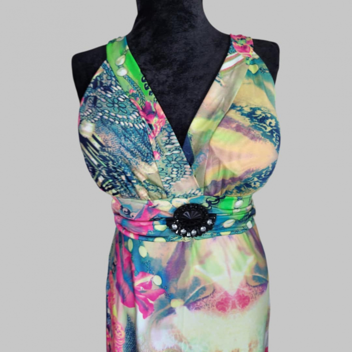 Rochie Lunga din Lycra cu Brosa la Bust si Plasa Elastica la Spate [2]