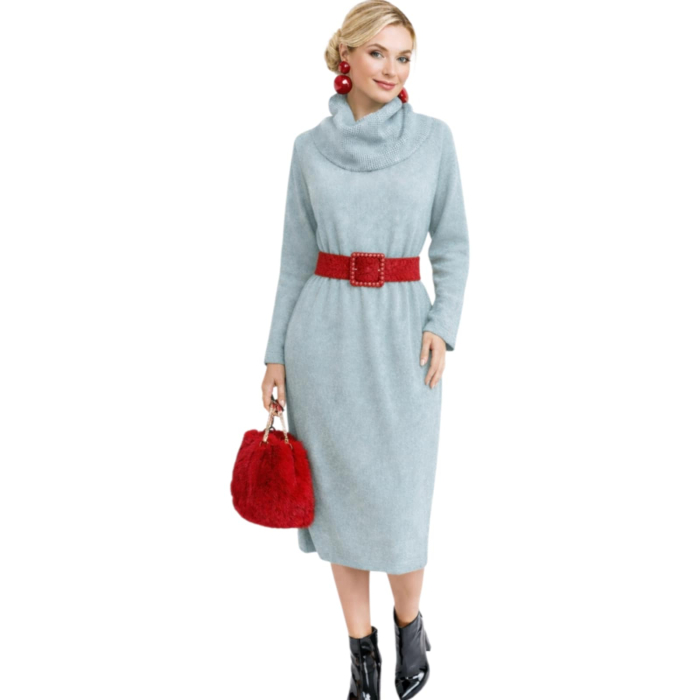 Rochie midi din tricot fin cu guler amplu si buzunare [3]