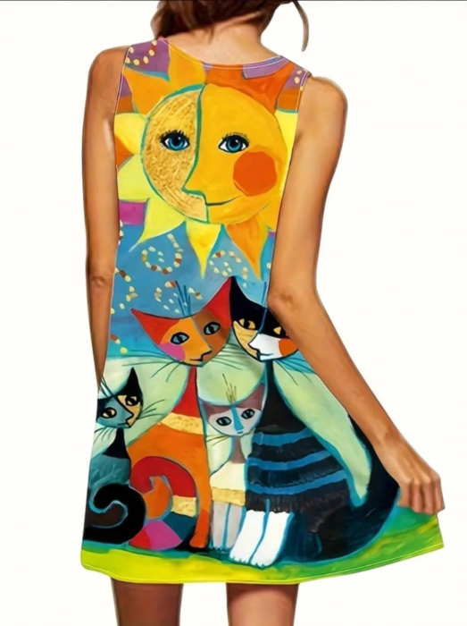 Rochie Mini Fara Maneci cu Imprimeu Pisici Colorate [3]
