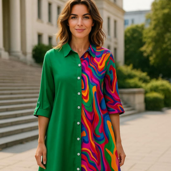 Rochie Mini Tip Camasa cu Imprimeu Colorat pe O Parte [2]