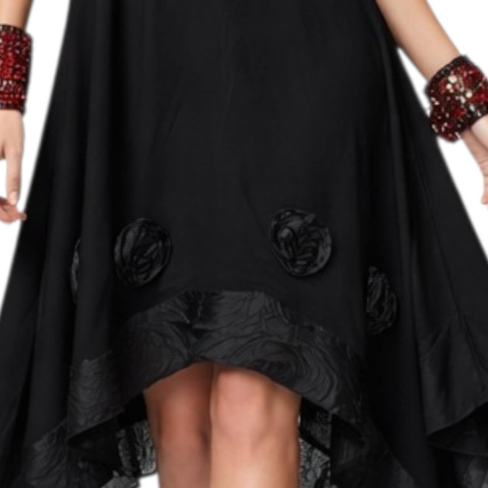 Rochie neagra din bumbac cu aplicatii florale cu maneci scurte [3]