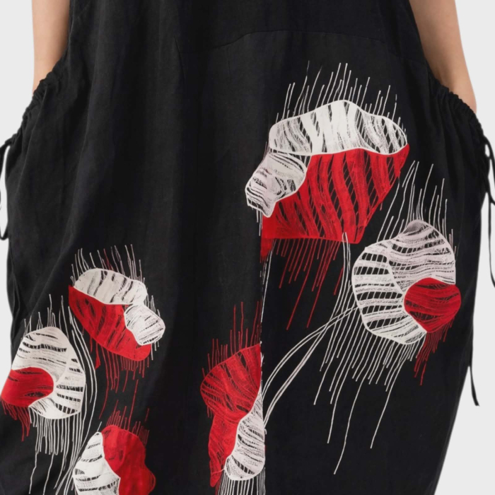 Rochie neagra din bumbac cu imprimeu artistic si buzunare laterale [3]