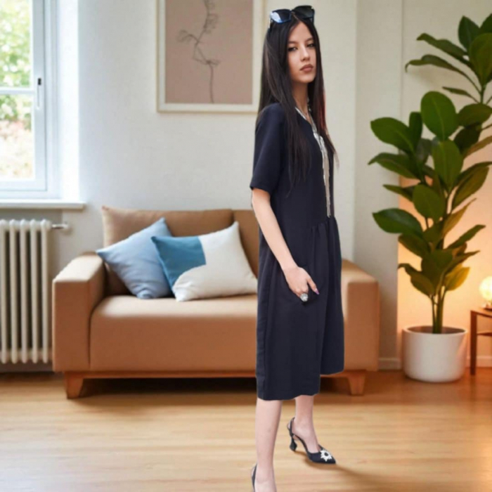 Rochie Neagra din In cu Volane si Croi Larg cu Buzunare [4]