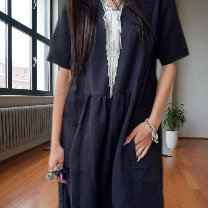 Rochie Neagra din In cu Volane si Croi Larg cu Buzunare [3]