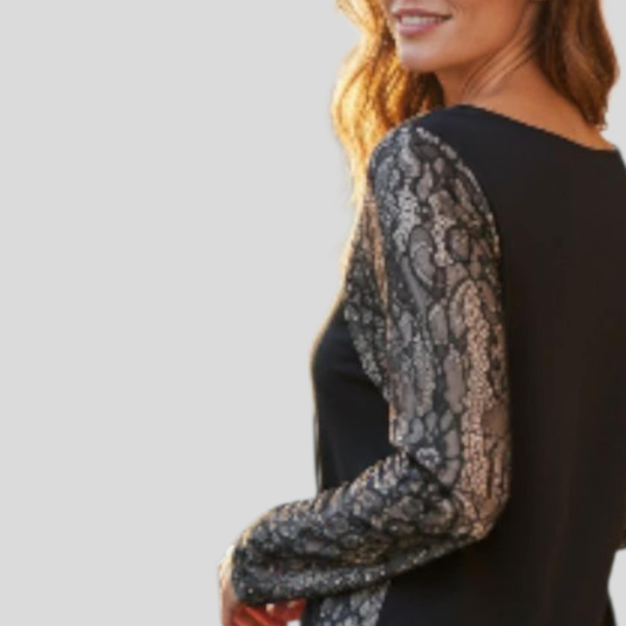 Rochie neagra eleganta din bumbac cu maneca din dantela pe satin [2]