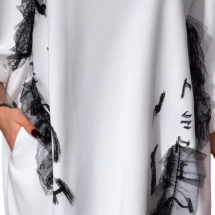 Rochie pe fond alb  cu aplicatie tulle si imprimeu alb [3]