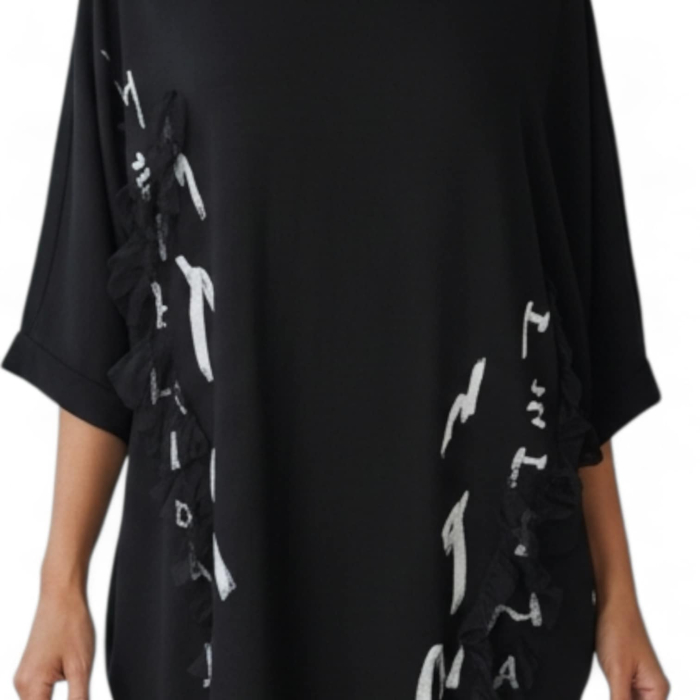 Rochie pe fond negru cu aplicatie tulle si imprimeu alb [2]