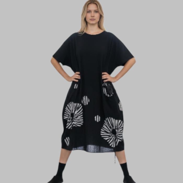 Rochie pe Fond Negru din Bumbac tip Gogosar cu Insertii Alb si Negru [1]