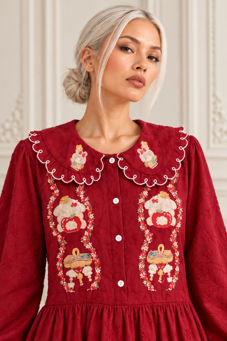 Rochie spectaculoasa rosu-visiniu  brodata cu dantela si buzunare laterale [3]