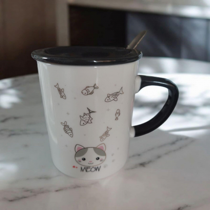 Set Cana si Lingurita cu Capac din Ceramica si Desen Pisica [3]