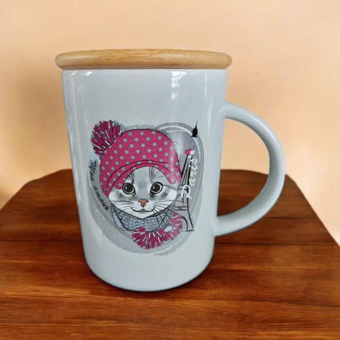 Set compus din cana ceramica cu desen pisica si capac din lemn [3]