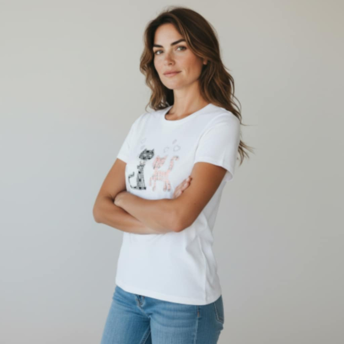 tricou din bumbac cu doua pisici strasuri [2]