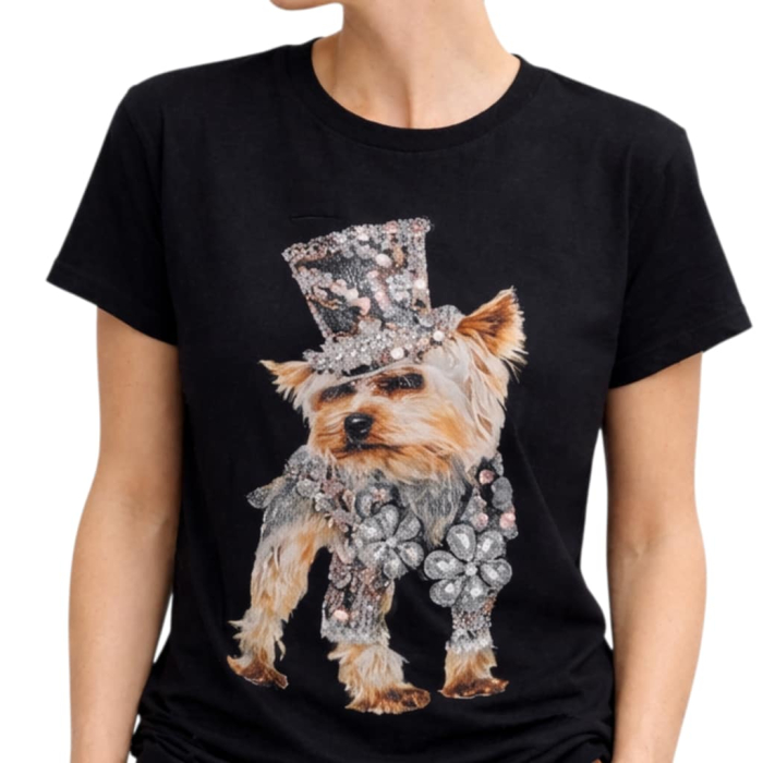 Tricou din bumbac cu imprimeu in forma   caine yorkshire cu paiete si strasuri [4]