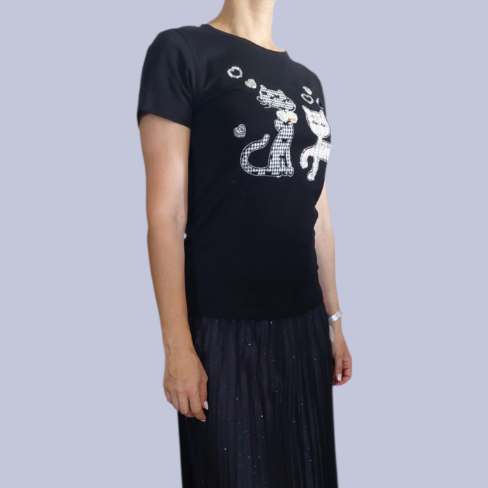 tricou negru cu insertie doua pisici din stofa fina cu strasuri [2]