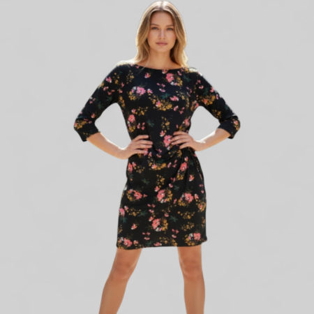 Rochie fond negru cu imprimeu floral si usor stransa in partea stanga [1]