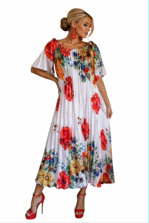 Rochii lycra & poliester & voal - Rochie lunga plisata cu imprimeu floral si elastic la decolteu