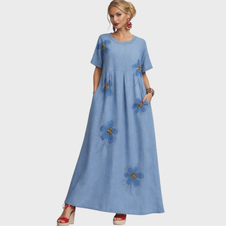 Imbracaminte - Rochie lunga din denim fin cu flori pictate si pietre colorate