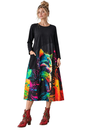 Rochii bumbac - Rochie din bumbac croi larg si desen pisica colorata