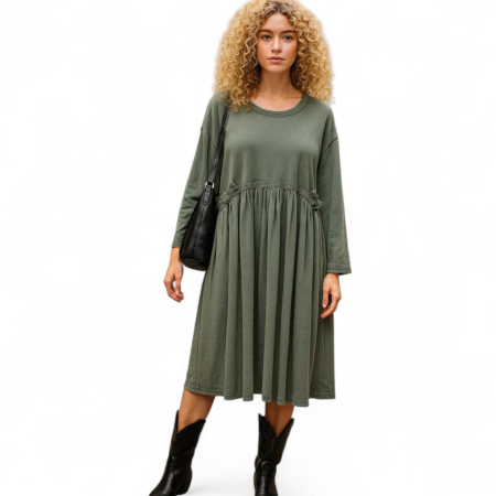 Rochii bumbac - Rochie din bumbac verde kaki croi larg cu maneci lungi