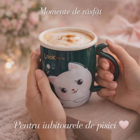 Multe  chestii pisicoase - Cana din ceramica verde cu lingurita si capac