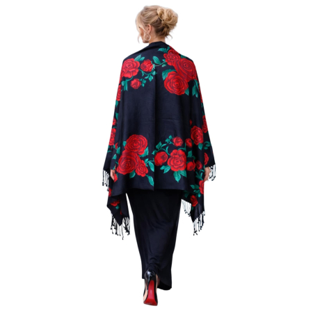 Sal generos din casmir pe fond negru cu imprimeu flori [1]