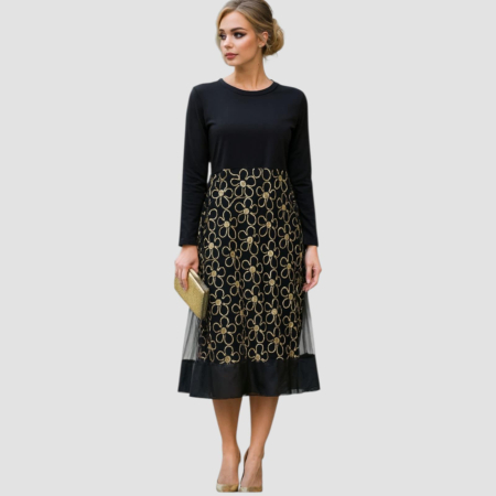 Rochii pentru  ocazii - Rochie din bumbac si tulle cu flori din fir lame auriu