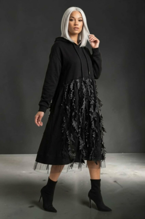 Rochii bumbac - Rochie din bumbac tip hanorac cu aplicatii  pe tulle in forma de frunze