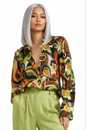 Camasi satin - Camasa din satin cu imprimeu retro si maneca lunga