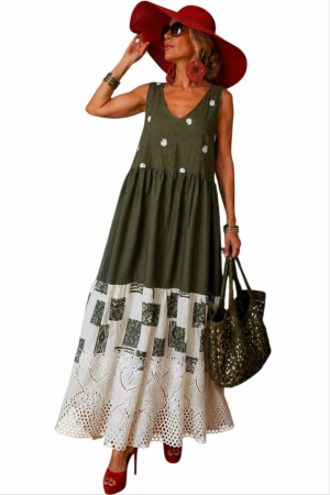 Rochii bumbac - Rochie lejera verde kaki  din bumbac cu dantela brodata tip macrame crem