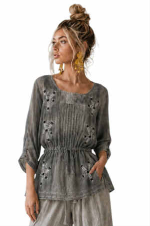 Bluza bumbac - Bluza din bumbac gri antracit cu margele negre pe partea din fata