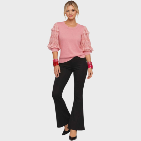 Bluza roz eleganta cu maneci din voal plisat si volane [1]