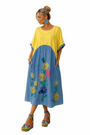 Rochii bumbac - Rochie din bumbac si denim croi larg si flori brodate