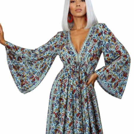 Rochie lunga din matase indiana cu imprimeu  floral si maneci clopot [1]