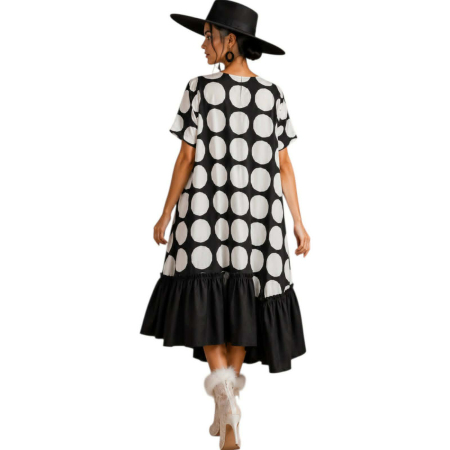 Rochie din bumbac alb-negru cu buline si volane decorative [1]