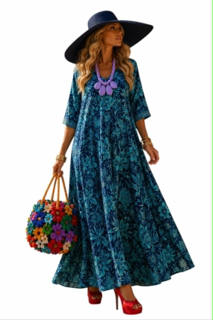 Rochii matase - Rochie lunga din matase indiana ampla  cu imprimeu floral