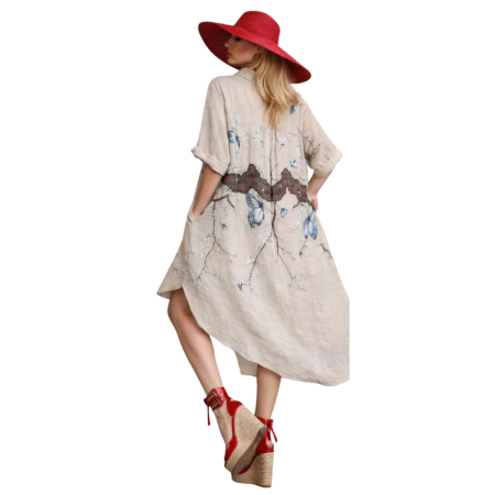 Rochie lunga asimetrica din in tip camasa cu imprimeu floral [1]