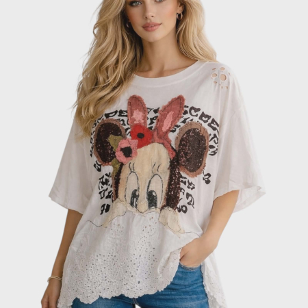 Imbracaminte - Bluza croi larg din bumbac cu insertii Minnie Mouse si aspect zdrenturos