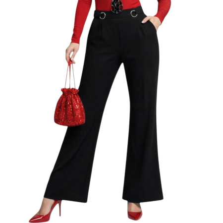 Pantaloni bumbac & vascoza & tricot & poliester - Pantaloni negri evazati cu accesorii din metal argintiu in talie