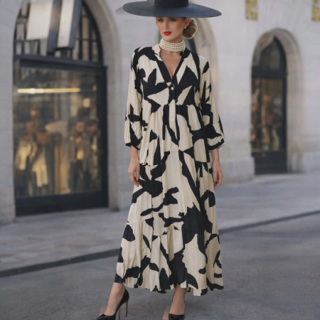 Rochii vascoza - Rochie lunga eleganta cu imprimeu abstract si guler tunica