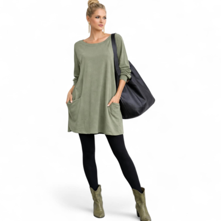 Rochii bumbac - Rochie din bumbac pentru colanti verde kaki cu buzunare