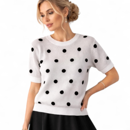 Pulovere - Pulover tip bluza din tricot cu buline negre si maneci scurte